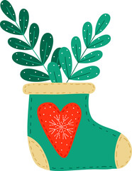 Cute Christmas, green socks, felt boots with twigs. Green leaves pattern. Heart with snowflakes. Symbol of the New Year. The tradition of giving gifts. Design for stickers, cards, templates, banners