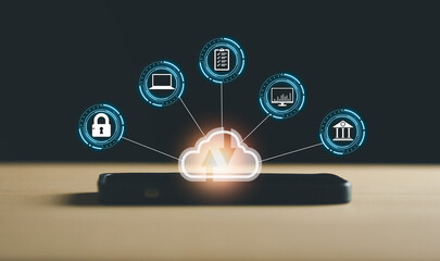 use Laptop with cloud computing diagram show. Cloud technology. Data storage. Networking and internet service concept