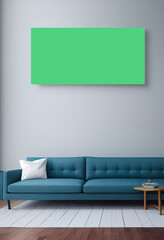 Canvas on the wall in a room with a blue sofa, wooden parquet floor, white and gray color of the room, apartment without furniture. Layout for 3d rendering of the design.