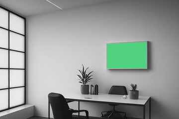 Canvas on the wall of a office room with table, chair and other furniture, grey and white tone of office. Layout for 3d rendering design. Canvas mockup in cabinet.