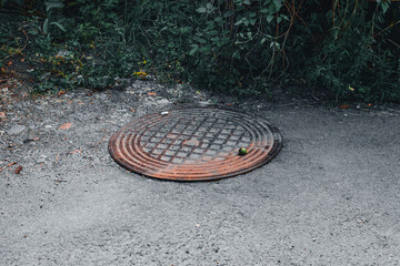 Round metallic sewer cap or manhole cover next to green bush on a sidewalk