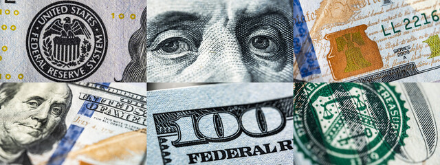 Set of macro views of one hundred American dollars bill. United States currency. Close up fragments...