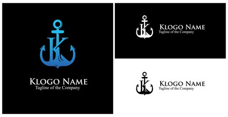 K custom anchor logo. initial K custom text in achor logo vector illustration