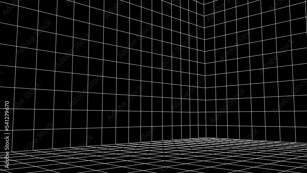 Poster Abstract 80s styled computer background. Sci-fi architecture interior with retro lines. Synthwave or retrowave grid room.