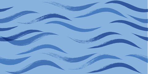 Seamless Wave Pattern, Blue wavy brush stroke. Hand drawn water sea vector background. curly paint lines, watercolor illustration