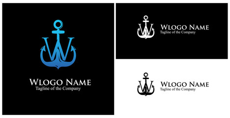W custom naval related logo. initial W custom text in achor logo vector illustration