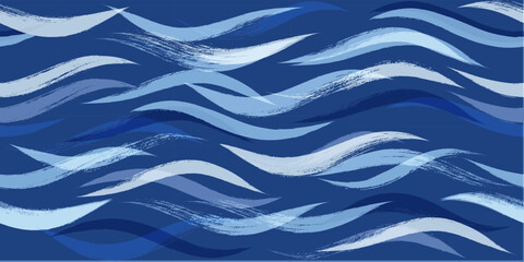 Seamless Wave Pattern, Blue wavy brush stroke. Hand drawn water sea vector background. curly paint lines, watercolor illustration © Good Goods