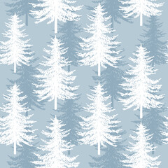 Obraz premium Christmas tree seamless vector pattern. Watercolor Noel firs print, winter frozen pine trees on blue background, wallpaper, wrapping paper design