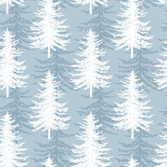 Obraz premium Christmas tree seamless vector pattern. Watercolor Noel firs print, winter frozen pine trees on blue background, wallpaper, wrapping paper design