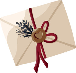 Vector envelope with red ribbon and plant sprigs