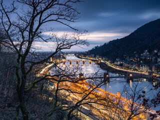 Heidelberg Neckar River at night seen from the Valerieweg path in winter - obrazy, fototapety, plakaty