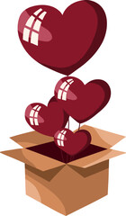 Red heart-shaped balloons fly out of a cardboard box