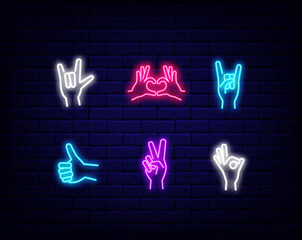 Hand poses neon icons collection. Cool, ok and heart forms. Pop art style. Vector illustration © Anastasia Gapeeva
