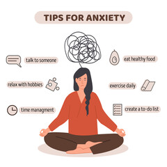Stressed depressed woman with anxiety disorder. Useful tips and advices for anxiety management infographic. Anxious person suffering with mental problem square card. Vector illustration flat design.