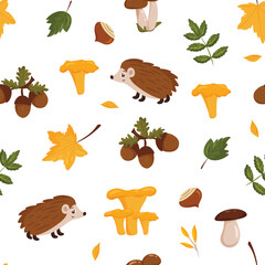 Seamless autumn pattern with hedgehogs, mushrooms, acorns and leaves