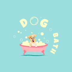Cartoon dog sitting in a bubble bath. Vector Illustration