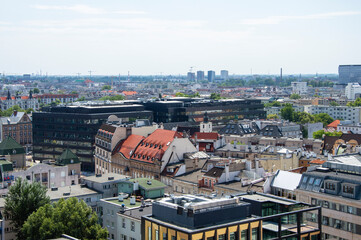 Wroclaw's old town, roofs of tenement houses and the Market Square on a sunny summer day. City.