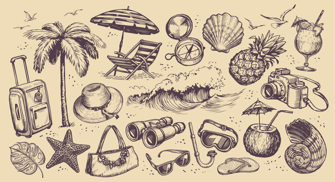 Travel Concept. Hand Drawn Set Objects On Theme Of Beach Holidays. Journey Sketch Vintage Vector Illustration