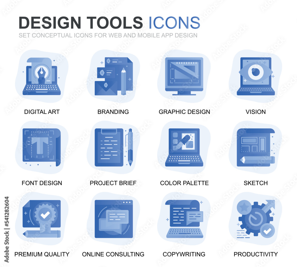 Poster modern set design tools gradient flat icons for website and mobile apps. contains such icons as crea