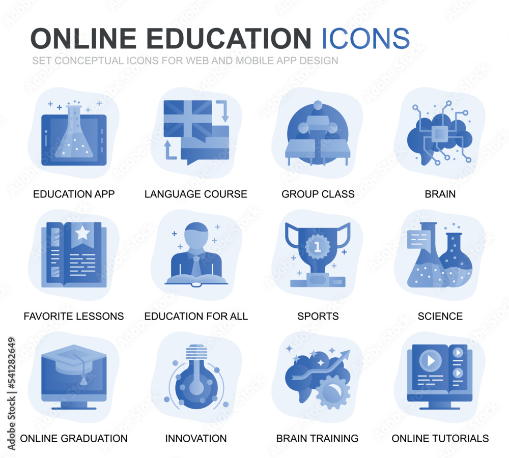 Poster modern set education and knowledge gradient flat icons for website and mobile apps. contains such ic