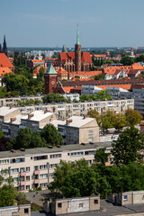 Wroclaw's old town, roofs of tenement houses and the Market Square on a sunny summer day. City.