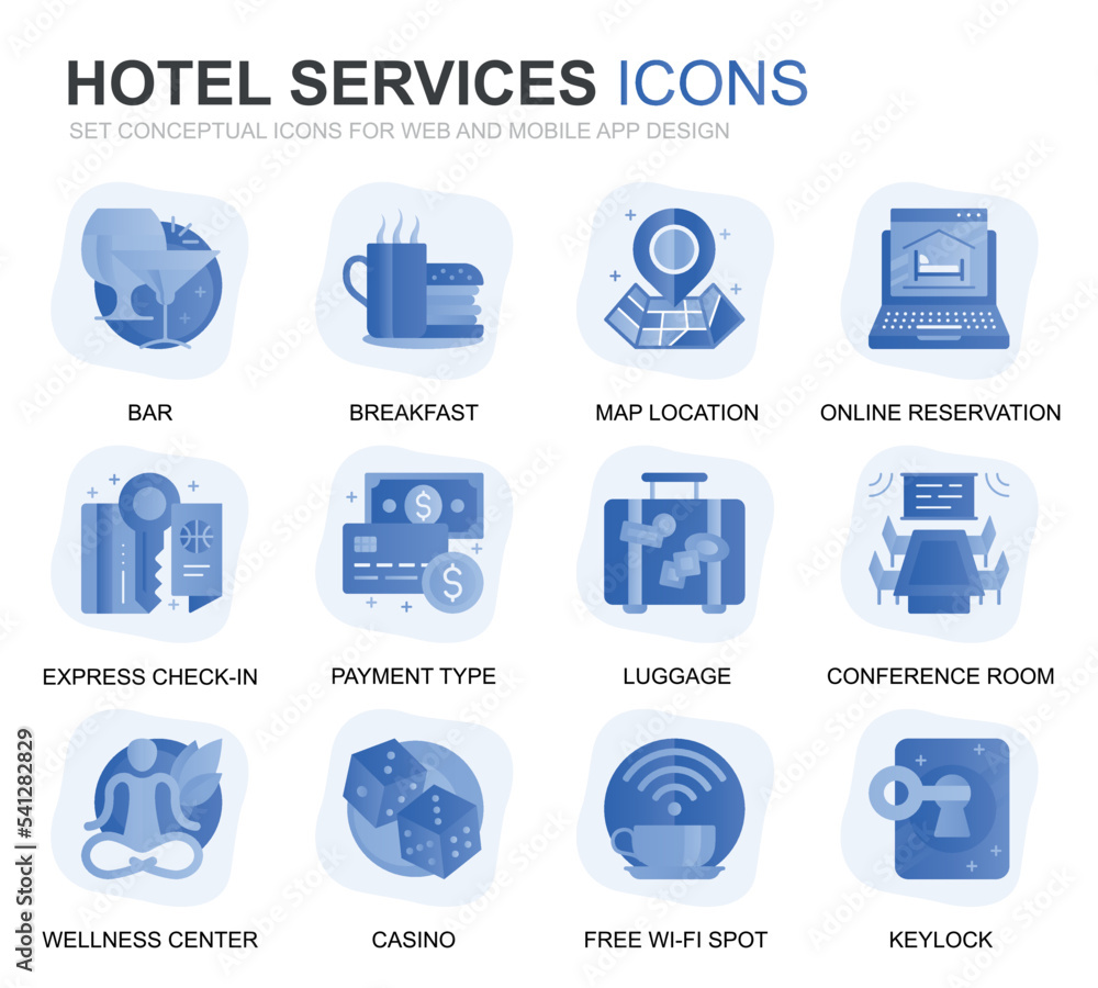 Fototapete modern set hotel service gradient flat icons for website and mobile apps. contains such icons as res