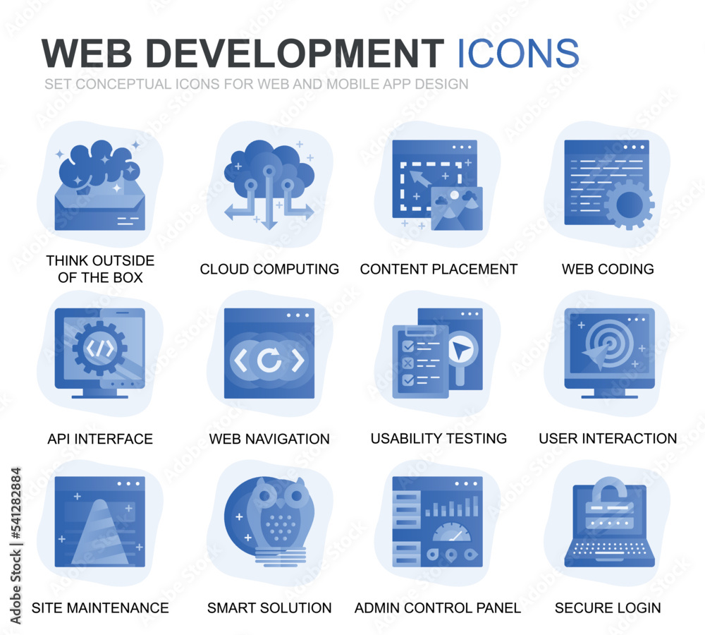 Poster modern set web disign and development gradient flat icons for website and mobile apps. contains such