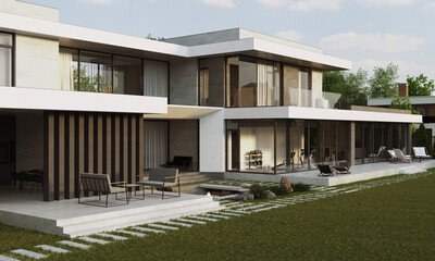 3D visualization of a modern house with a terrace and panoramic windows. Exterior. House with carport and swimming pool