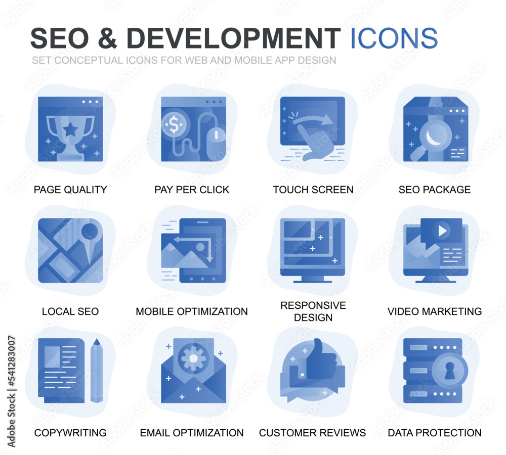 Fototapete modern set seo and development gradient flat icons for website and mobile apps. contains such icons 