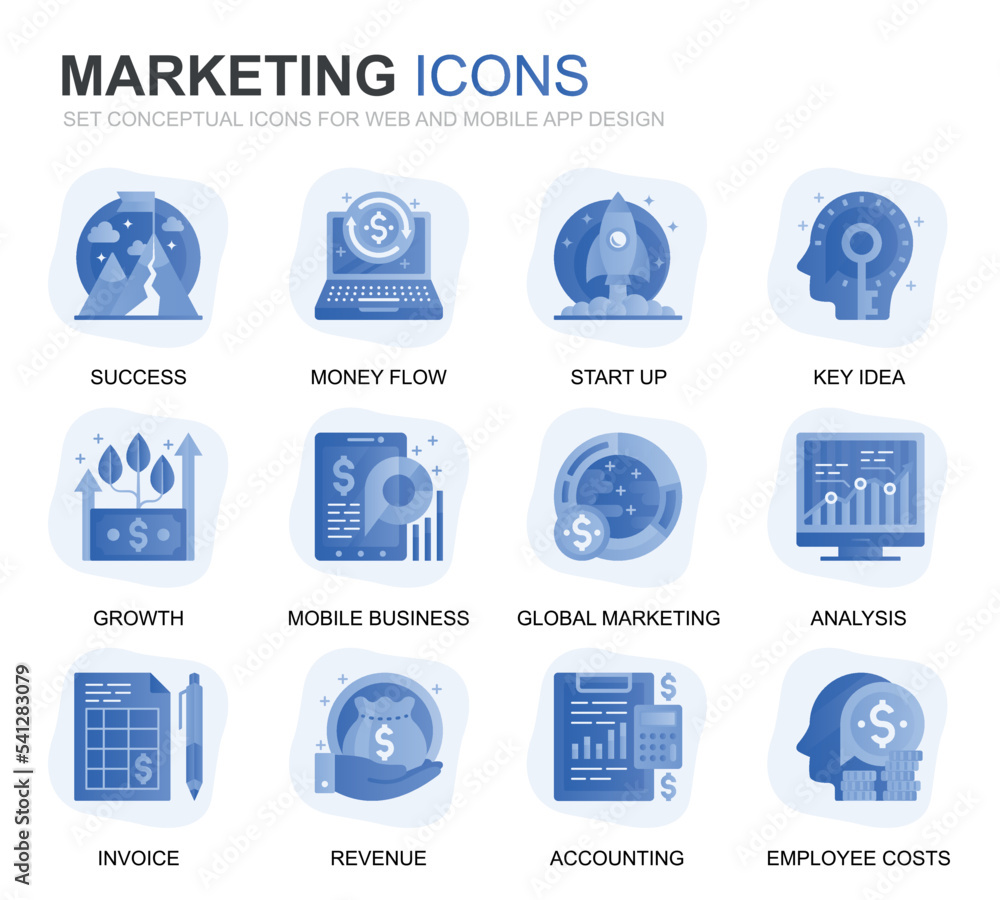 Poster modern set business and marketing gradient flat icons for website and mobile apps. contains such ico