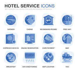 Modern Set Hotel Services Gradient Flat Icons for Website and Mobile Apps. Contains such Icons as Luggage, Reception, Room Services, Fitness Center. Conceptual color flat icon. Vector pictogram pack.