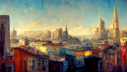 Colorful houses and landscape of San Francisco as a panorama at sunrise. Digital art and Concept digital illustration.