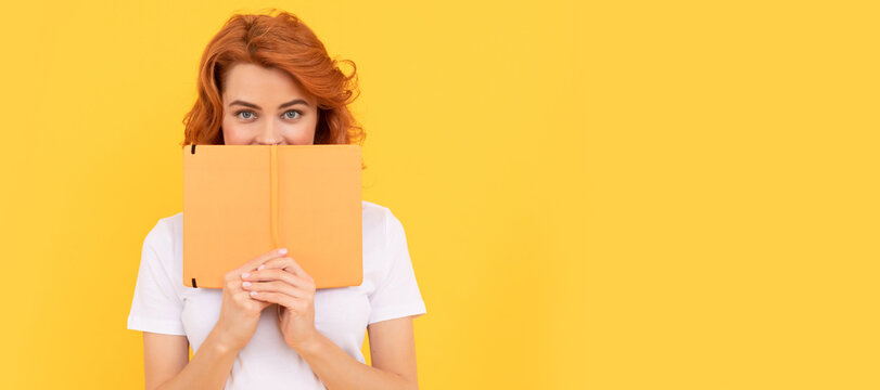 book lover. back to school. education and knowledge. woman reader reading. Woman isolated face portrait, banner with copy space.