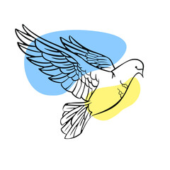 The concept of the dove of peace and the flag of Ukraine in the style of line art for print and decoration.Vector illustration.
