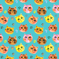Seamless pattern of Cartoon faces of cats on a turquoise background. Cute Cat muzzle. Watercolour hand drawn illustration. For fabric, sketchbook, wallpaper, wrapping paper.