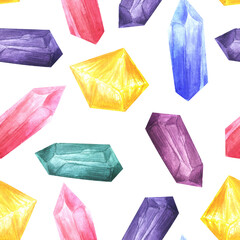 Hand drawn seamless watercolor pattern with many colorful precious gems stones on white background.