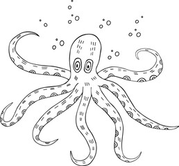 Octopus with bubbles around doodle illustration
