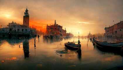 Sunset over the Grand Canal in Venice Italy. Digital art and Concept digital illustration.
