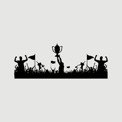 silhouette of a group of people lifting a trophy after winning the championship