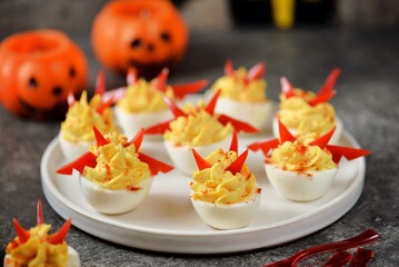 Stuffed Devil Eggs. Cute Halloween appetizer idea.