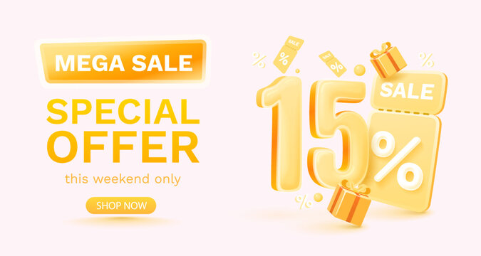 15 percent Special offer mega sale, Check and gift box. Sale banner and poster. Vector