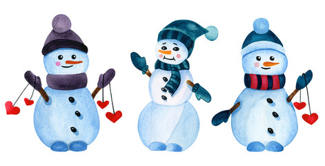Christmas set of snowman. Christmas watercolor illustration on a transparent background. For Christmas design, for postcards, invitations.
