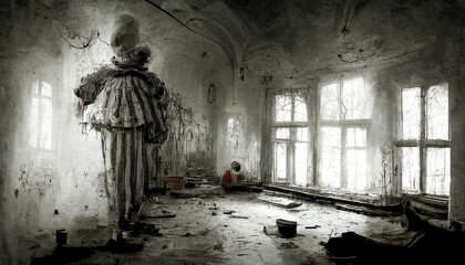 The nightmare clown in a derelict building. Spooky Halloween digital art and Concept digital illustration.