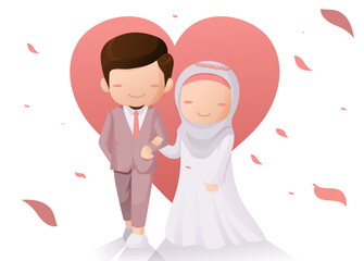 Cute Moslem or Muslim Couple Wedding Cartoon Illustration with Love Background