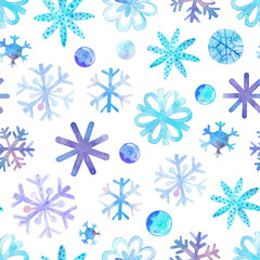 Watercolor snowy seamless pattern. Beautiful winter print, digital paper, packaging. Snowflakes, surface design, Christmas, New Year