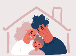 Vector illustration of family with children at home. Father, mother and child inside house