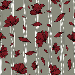 seamless repeat pattern with bright and beautiful red floral motif and leaves floating on a gray and white textured backdrop perfect for fabric, scrap booking, wallpaper, gift wrap projects