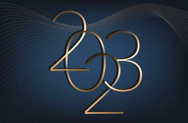 2023 New Year gold logo design. Holiday greeting card. Vector illustration. Greeting Card, Banner, Poster.