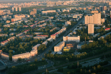 Panoramic summer shot from above of Kazan Kremlin. Tatarstan, Russia. Capital of the Republic of Tatarstan. City centre and landmark line with sunny weather. Sights, churches and mosque Kul-Sharif.