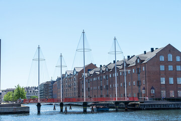 Circle or Cirkelbroen Bridge is pedestrian bridge spanning southern mouth of Christianshavn Canal in Christianshavn area of central Copenhagen, Denmark